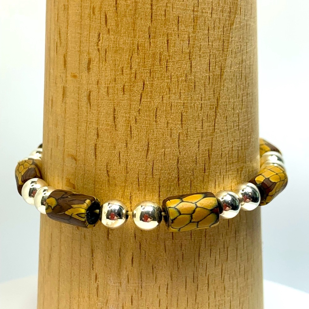 Sterling Silver Bead & Reptile Printed Wood Bead Stretch Bracelet